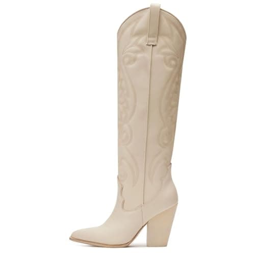 WIRALOMI Women's Embroidered Knee High Cowboy Boots with Pointed Toe