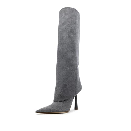 Goolita Women's Pointed Toe Knee High Stiletto Heel Fold Over Boots Fashion & Comfortable — Grey