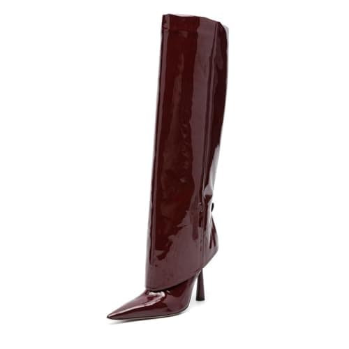 Goolita Women's Pointed Toe Knee High Stiletto Heel Fold Over Boots Fashion & Comfortable — Cherry