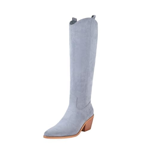 Reitoye Women's Embroidered Western Knee High Boot with Pull-Up Tabs — Grey Blue Suede