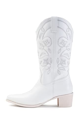 IUV Women's Pointy Toe Western Boots Mid Calf Cowgirl Boots — White