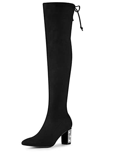 Allegra K Women's Chunky Heels Over the Knee Rhinestone Boots