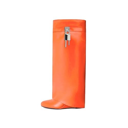 Black Heeled PadLock Pant Knee High Boots - Fold Over Wedge Booties — Orange