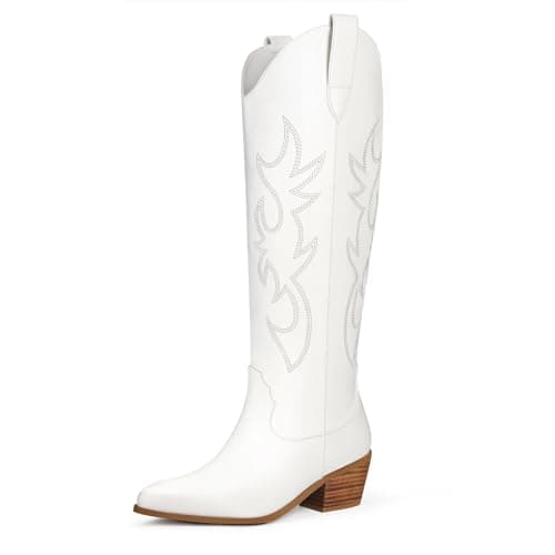 Ouepiano Women's Knee High Embroidered Cowboy Boots — White