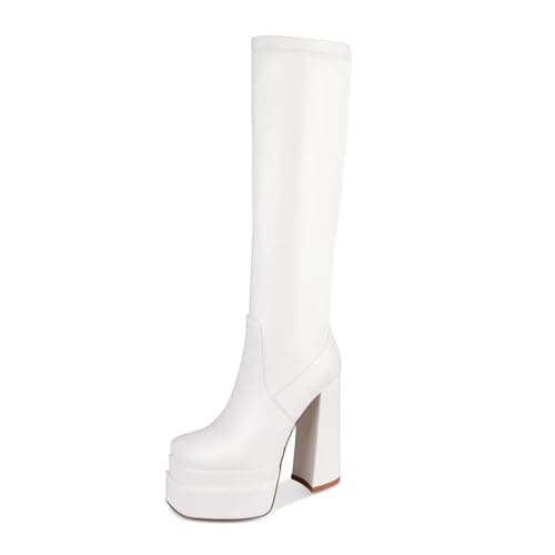 Wetkiss Chunky Heel Stretch Knee High Boots for Women — Matte White