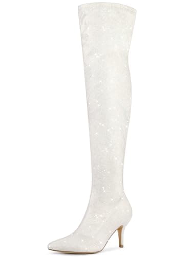 Allegra K Women's Glitter Knee High Stiletto Heel Boot — White