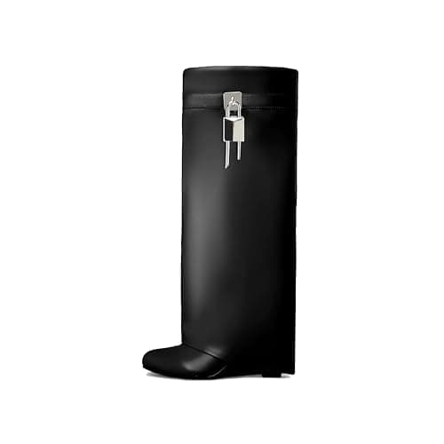 Black Heeled PadLock Pant Knee High Boots - Fold Over Wedge Booties — Black