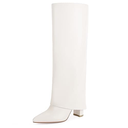 Modatope Chunky Heel Knee High Zipper Boots for Women — White Pu