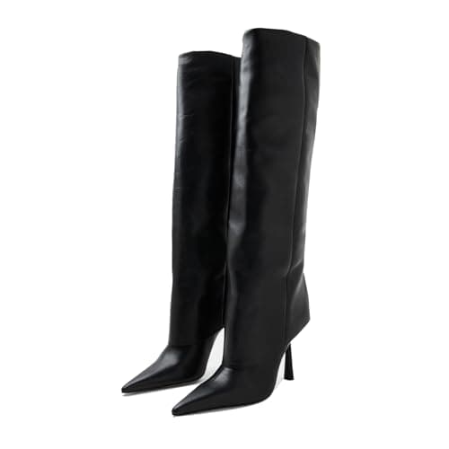 Goolita Women's Pointed Toe Knee High Stiletto Heel Fold Over Boots Fashion & Comfortable — Pu-black