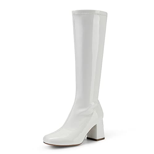 Dream Pairs Women's Chunky Knee High Square Toe Boots — White/Patent/Pu