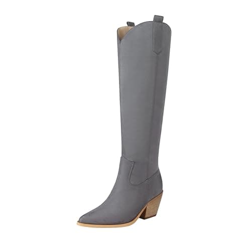 Reitoye Women's Embroidered Western Knee High Boot with Pull-Up Tabs — Dark Grey Suede