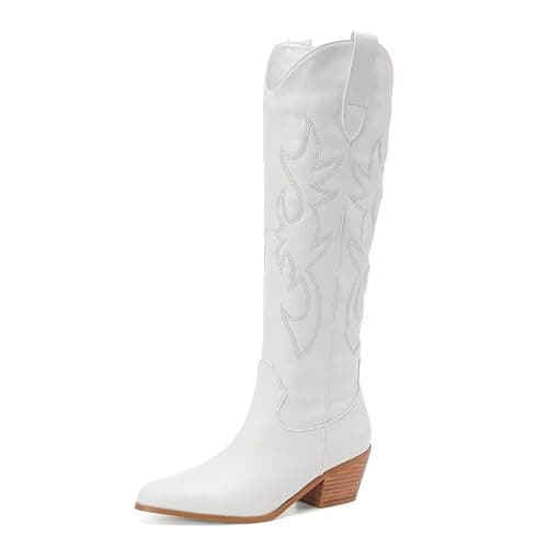 CIERWS Women's Embroidered Western Cowgirl Knee-High Boots — White