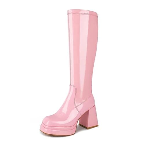 Wetkiss Chunky Heel Stretch Knee High Boots for Women — Low-patentpink