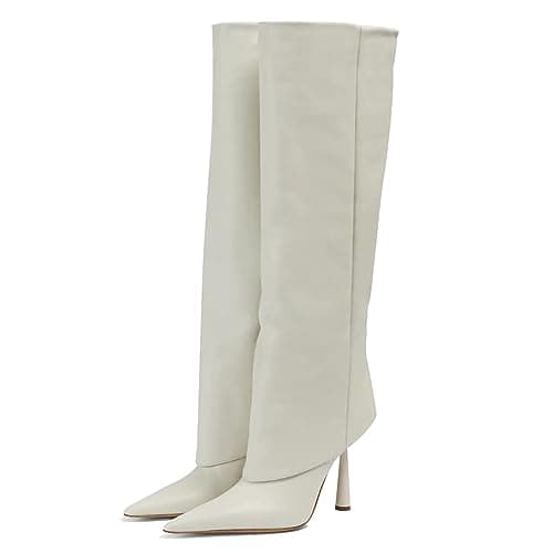 Vertundy Women's Pointed Toe Stiletto Heel Knee High Fold Over Boot — White