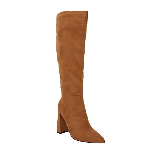 Juliet Holy Women's Wide Calf Chunky Knee-High Go-Go Boots with Side Zipper — Light Brown