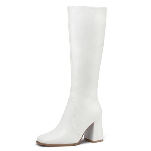 mysoft Women's Knee High Block Heel Square Toe Long Dress Boots — White