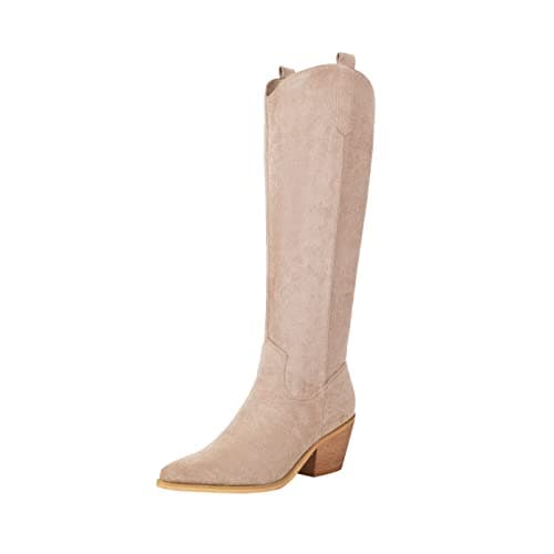 Reitoye Women's Embroidered Western Knee High Boot with Pull-Up Tabs