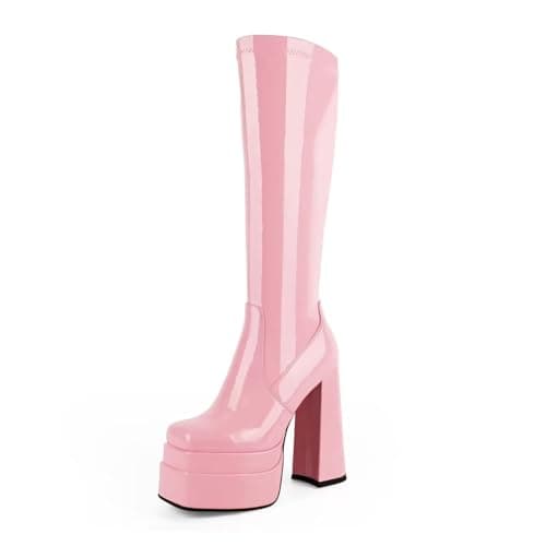 Wetkiss Chunky Heel Stretch Knee High Boots for Women — Patent Pink