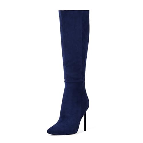 Elisabet Tang Women's 4 inch Stiletto Knee High Boot Leather Suede — Navy Blue