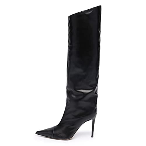 Arqa Women's Chrome Zipper Knee High Stiletto Heel Boot — Black