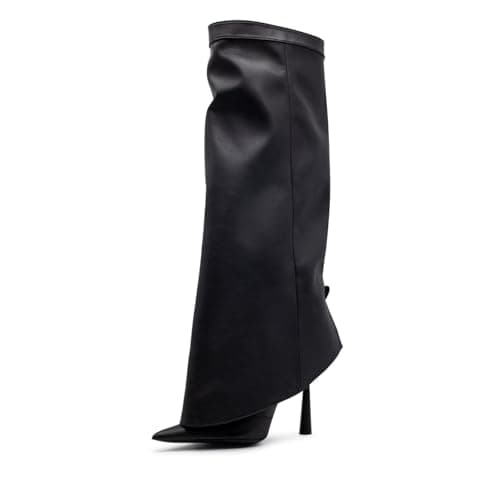 Goolita Women's Pointed Toe Knee High Stiletto Heel Fold Over Boots Fashion & Comfortable