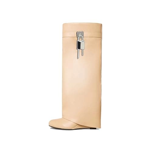 Black Heeled PadLock Pant Knee High Boots - Fold Over Wedge Booties — Beige