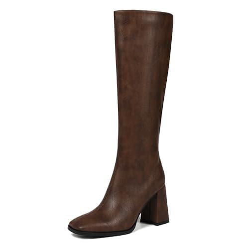 Wetviro Chunky Heel Knee High Boots for Women — Brown