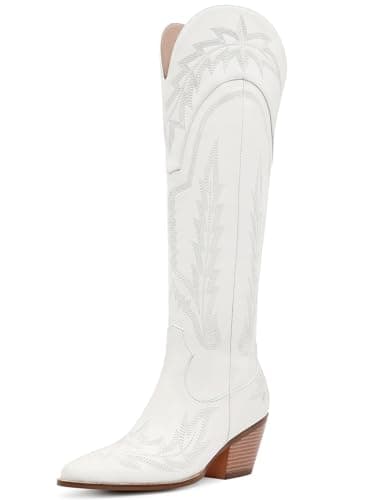 Red RONILURN Women's Cowboy Boot Mid Calf Embroidered Pointed Toe Pull-On Boot — White Knee High