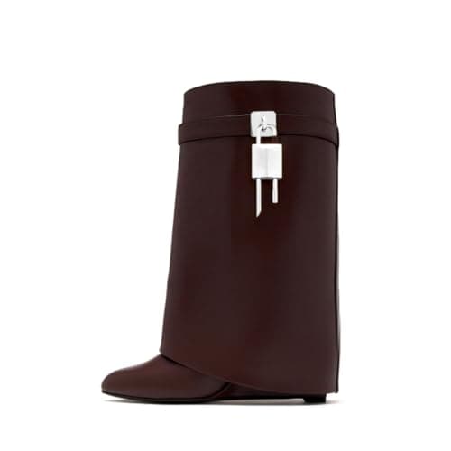 Black Heeled PadLock Pant Knee High Boots - Fold Over Wedge Booties — Short Burgundy
