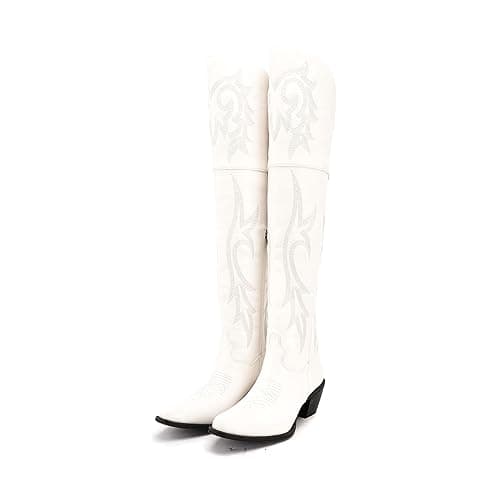 KaroNairy Vintage Embroidered Pointed Over the Knee Cowgirl Faux Suede Boots — White