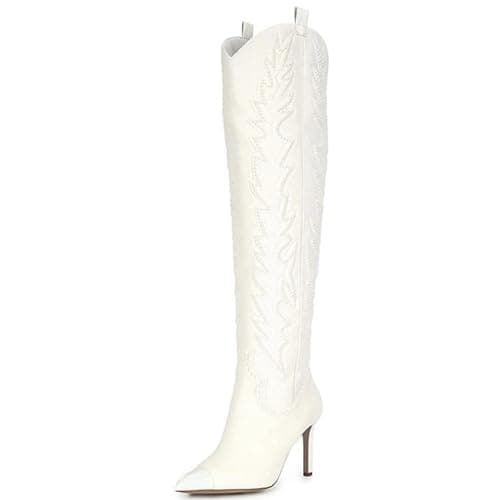 Sparkly Rhinestone Over Knee Boots for Women — White