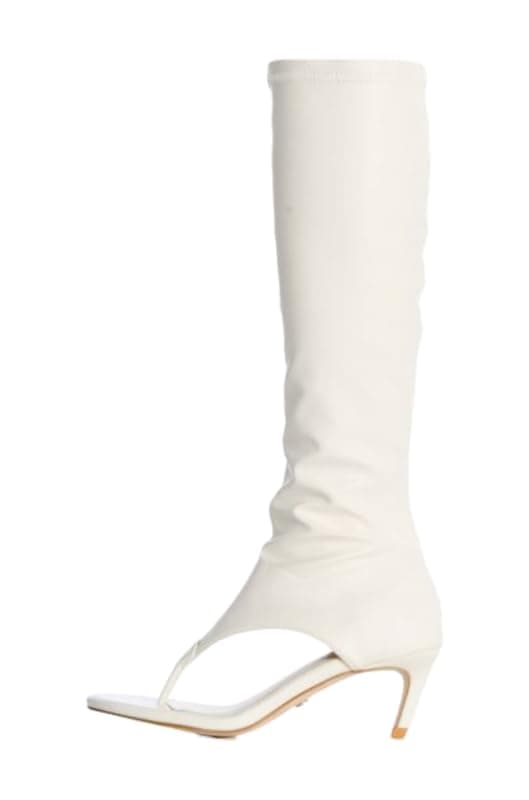 Sexytag Women's Open Toe Knee High Kitten Heel Thong Sandals — White