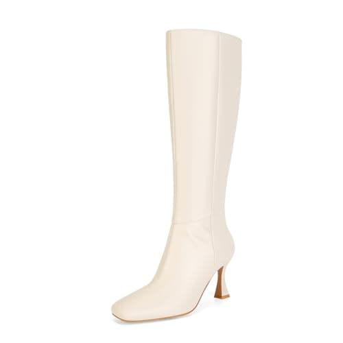 Devht Black Leather Knee High Stiletto Boots for WomenSexy Square Toe & Zipper DesignFashion — Beige