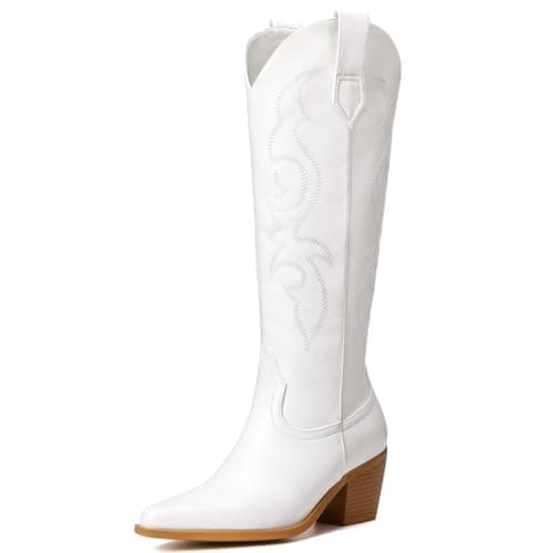 Platikly Women's Wide Calf Rhinestone Knee High western Boots with Glitter Zipper — White