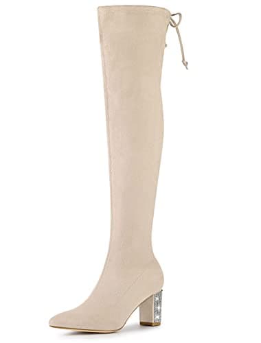 Allegra K Women's Chunky Heels Over the Knee Rhinestone Boots — Beige