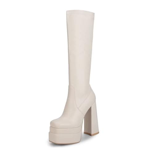 Wetkiss Chunky Heel Stretch Knee High Boots for Women — Matte Beige