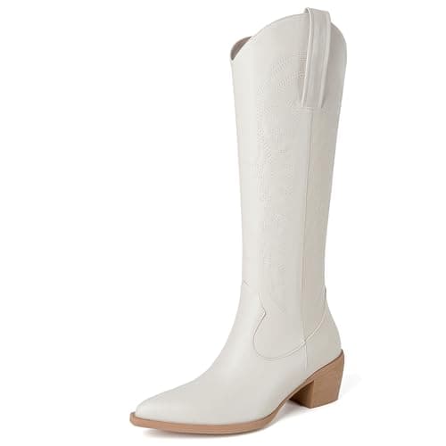 DOBOYG Women's Western Embroidered Cowboy Boots with Chunky Heel Perfect for Country Concerts — Beige