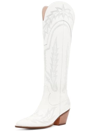 Red RONILURN Women's Cowboy Boot Mid Calf Embroidered Pointed Toe Pull-On Boot