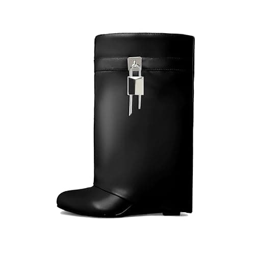 Black Heeled PadLock Pant Knee High Boots - Fold Over Wedge Booties — Short Black