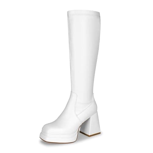 Wetkiss Chunky Heel Stretch Knee High Boots for Women — Low-mattewhite