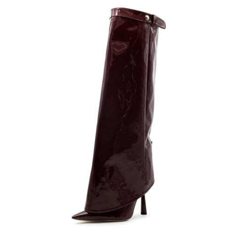 Goolita Women's Pointed Toe Knee High Stiletto Heel Fold Over Boots Fashion & Comfortable — Cherry Stud