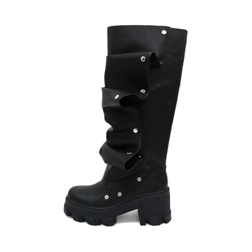 KaroNairy Women's Knee High Stiletto Boot with Detachable Panel — Black Chunky