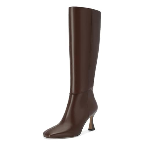 Devht Black Leather Knee High Stiletto Boots for WomenSexy Square Toe & Zipper DesignFashion — Chocolate