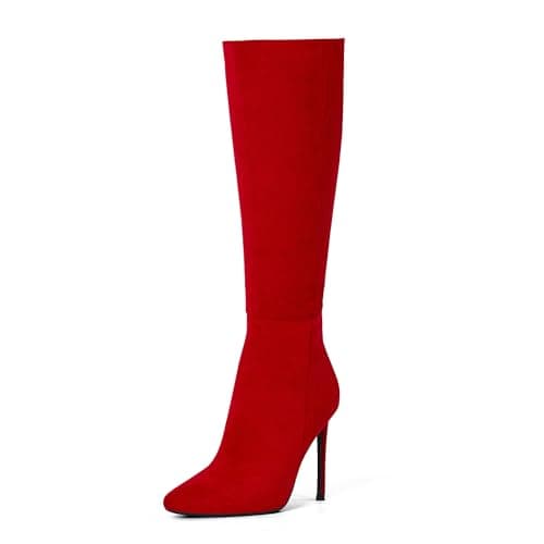 Elisabet Tang Women's 4 inch Stiletto Knee High Boot Leather Suede — Red Suede