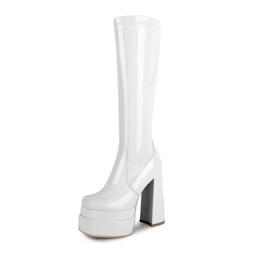Wetkiss Chunky Heel Stretch Knee High Boots for Women — Patent White