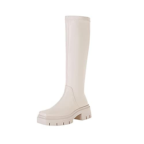 Vivianly Women's Knee High Chunky Heel Zip Boots — Beige-platform-2.36in Heel