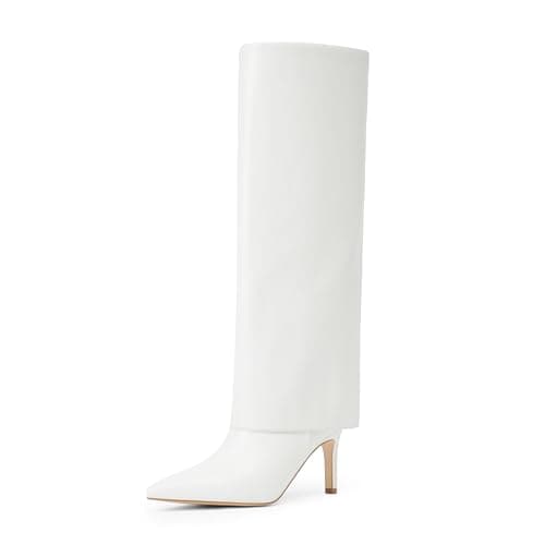 VIUGJNEX Women's Pointed Toe Stiletto Heel Zipper Knee High Boots — White Pu