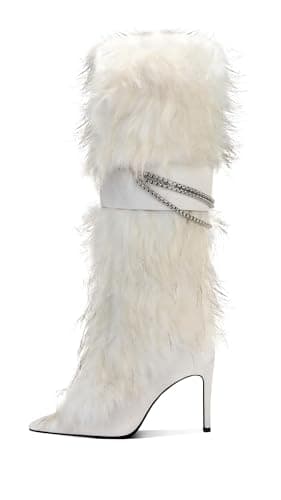 Ouwilov Pink Fluffy Knee-High Boots for Women Warm Winter Fashion — White