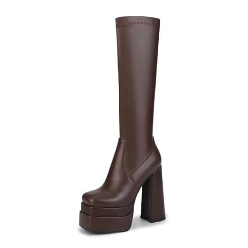 Wetkiss Chunky Heel Stretch Knee High Boots for Women — Matte Brown