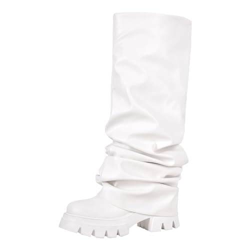 Richealnini Women's Metallic Knee High Pull-On Slouch Heels — White